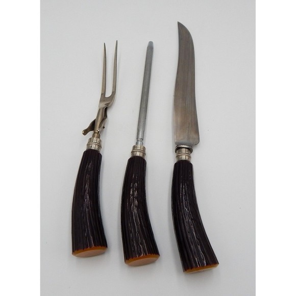 Latham & Owen Faux Elk Horn Carving Knife W/ Fork And Sharpener 3 Piece Set - Picture 1 of 11